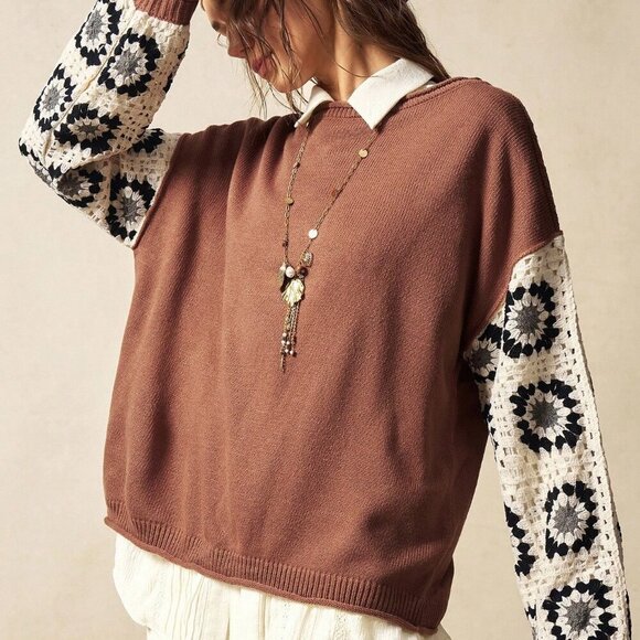 Brown Casual Women's Boho Crochet Patchwork Sweater top - Picture 6 of 8